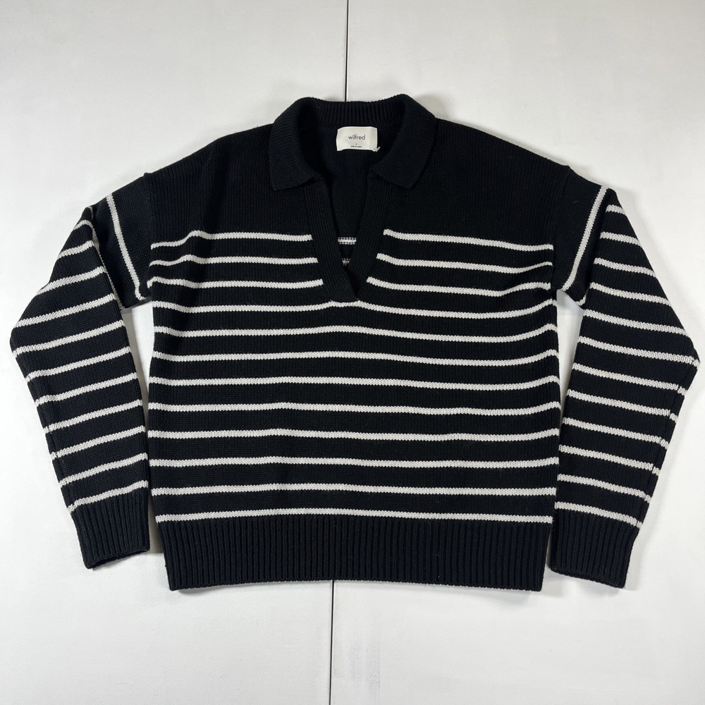 Aritzia Wilfred Clara Merino Wool Polo Sweater Black White Striped Women's S
